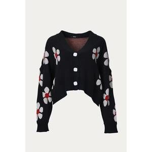 NEW MELODY FASHION cropped retro floral cardigan in black